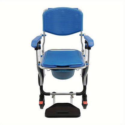 Vouwbare Douchebrancard – Toiletstoel – Rollstoel – Doucherolstoel – Commode Rolstoel – Met Armleuningen en Rugleuning – Sterk Aluminium – Inklapbaar Blauw