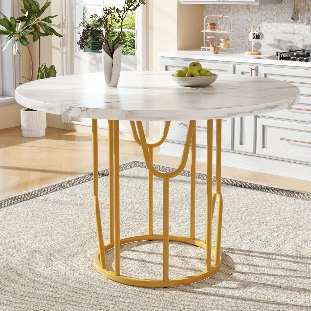 Ronde Eettafel – Ronde Tafel – Eetkamertafel – Keukentafel – Tafel – MDF Marmeren Blad – Gouden Metalen Poot – 80x80x76 cm – Voor 4-6 Personen