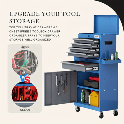 Toolkast – Gereedschapskast – Werkplaatskast – Ladekast – Opbergkast – 7 Laden – Slot – Zware Kogellagers – Mobiel – Stalen Frame – Blauw-Grijs