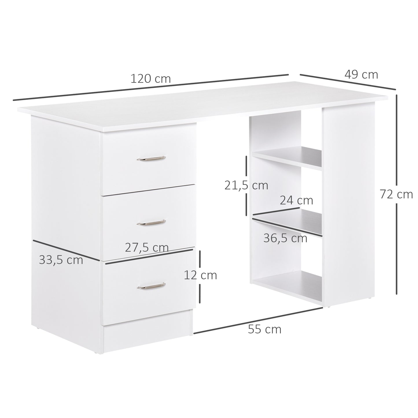 Computertafel – Bureau – Werkplek – Studietafel – Laptoptafel – Met 3 Laden – MDF Wit – Compact 120x49x72 cm