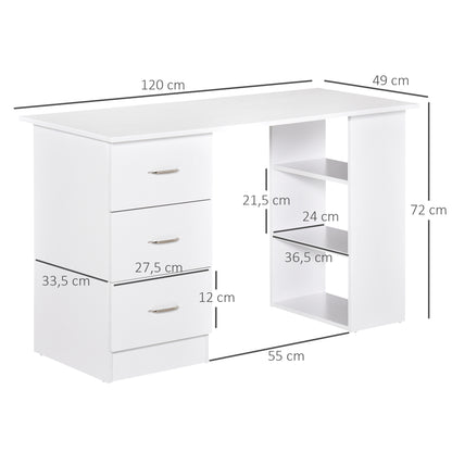 Computertafel – Bureau – Werkplek – Studietafel – Laptoptafel – Met 3 Laden – MDF Wit – Compact 120x49x72 cm