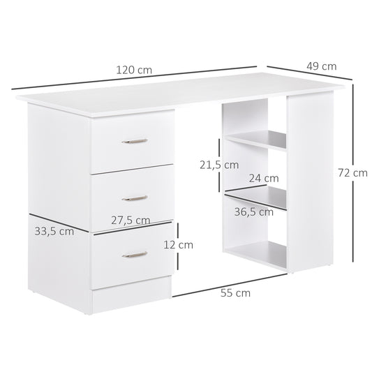Computertafel – Bureau – Werkplek – Studietafel – Laptoptafel – Met 3 Laden – MDF Wit – Compact 120x49x72 cm