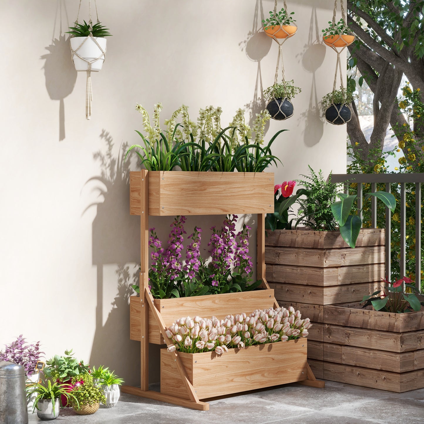 Outsunny Elevated Square Planter on Legs 3-Tier Garden Bed with Irrigation Inserts And Felt Drainage Wooden for Outdoor, 108L X 80W X 140H Cm
