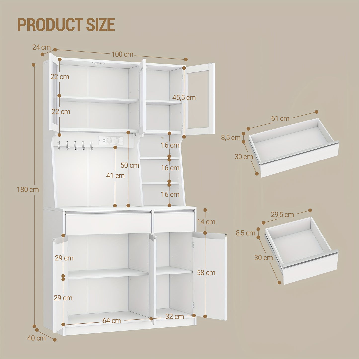 Keukenkast – Keukenbuffet – Keukenkastje – Opbergkast – Witte Keukenkast – Led-verlichting – Ingebouwde Stopcontacten – Verstelbare Planken – 100x40x180 cm – Hardhouten Constructie