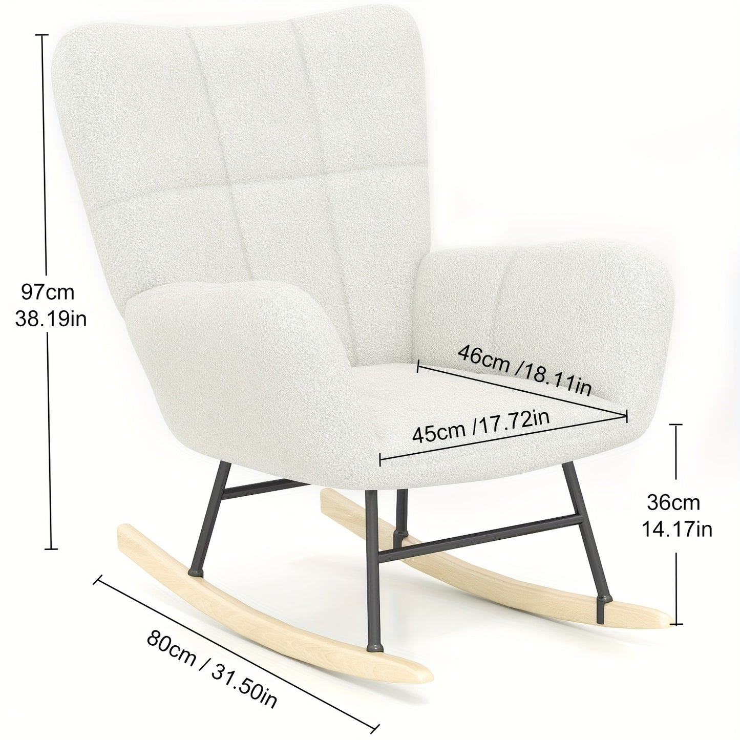 Schommelstoel – Relaxstoel – Fauteuil – Voedingsstoel – Loungestoel – Hoge Rugleuning – Teddy Fleece Bekleding – Memory Foam Zitting – Massief Houten Poten – Handmatig Schommelmechanisme – Wit