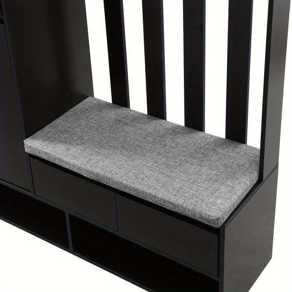 Kapstokkast – Garderobekast – Halmeubel – Schoenenkast – Staande Kapstok – Modern – Multifunctioneel – MDF & Hardhout – Gestoffeerde Opbergbank – 180x100x35 cm – Zwart – 4 Metalen Haken – Opberglades & Planken