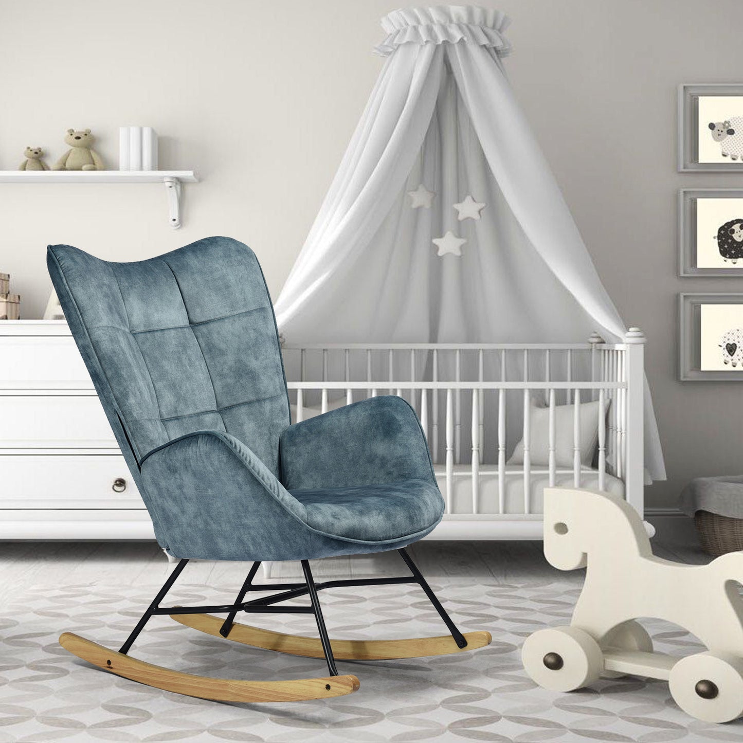 Schommelstoel – Relaxstoel – Fauteuil – Loungestoel – Stoel – Scandinavisch Design – Met Metalen Frame en Beukenhouten Poten – Hoog Rugleuning – Comfortabele Stoffen Bekleding – Blauw – 67x84x97 cm