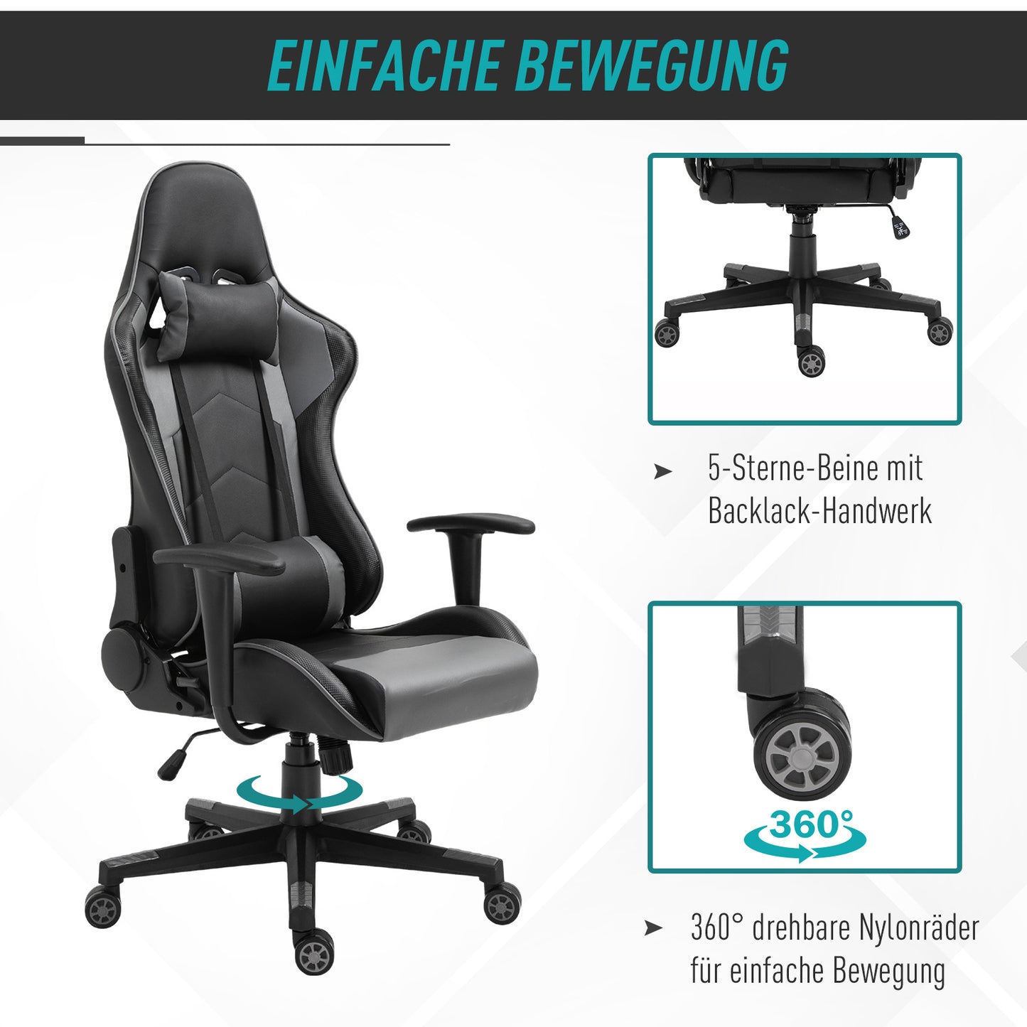 Ergonomische Bureaustoel – Gamingstoel – Draaistoel – Bureaustoel Kunstleer – Kantoorstoel – Zwart – Verstelbare Zithoogte – 160° Kantelbare Rugleuning