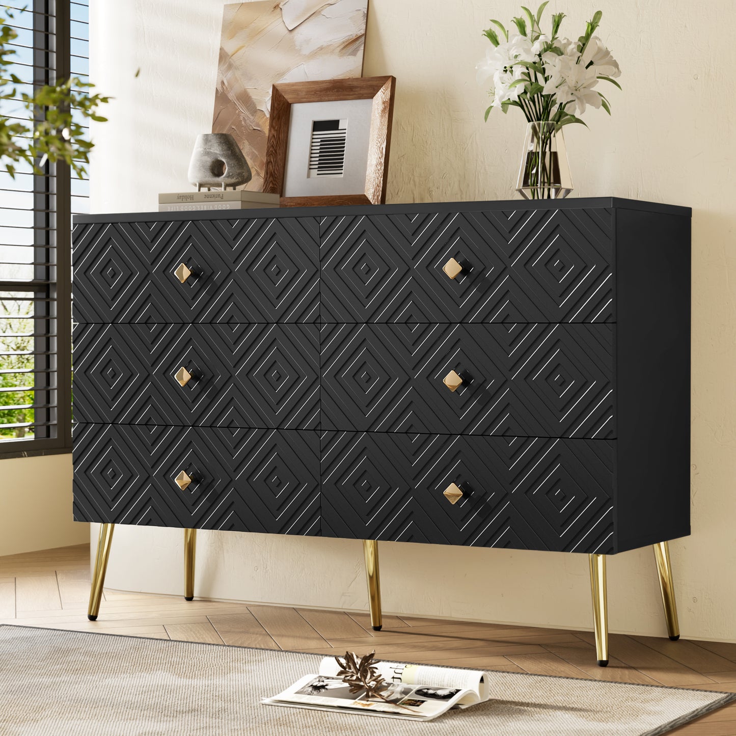 Ladekast – Kommode – Opbergkast – Dressoir – Zwarte Ladekast – 6 Ruime Lades – Gouden Metalen Poten