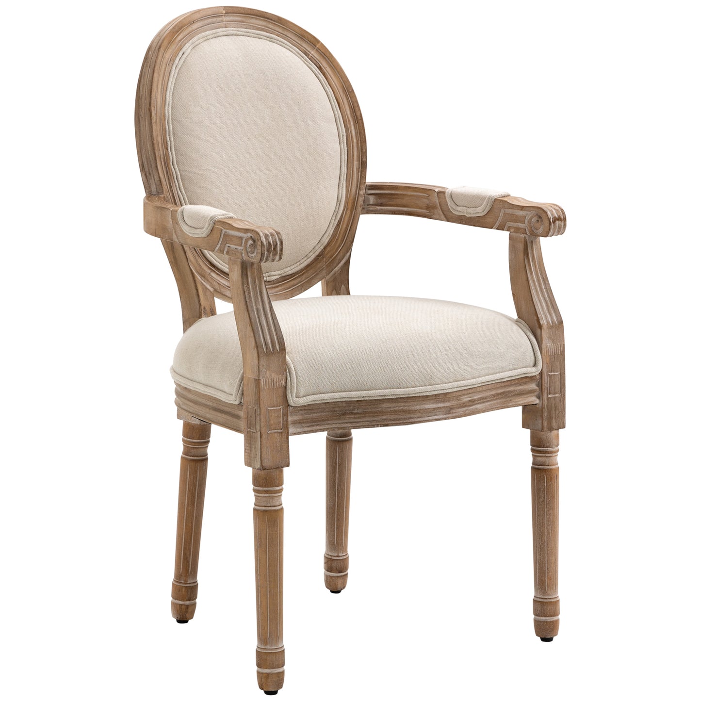 Eetkamerstoel – Keukenstoel – Stoel – Fauteuil – Zithoekstoel – Massief Hout – Linnenlook Bekleding – Antiek Design – Ademend – 56x54x96 cm – Crème Wit
