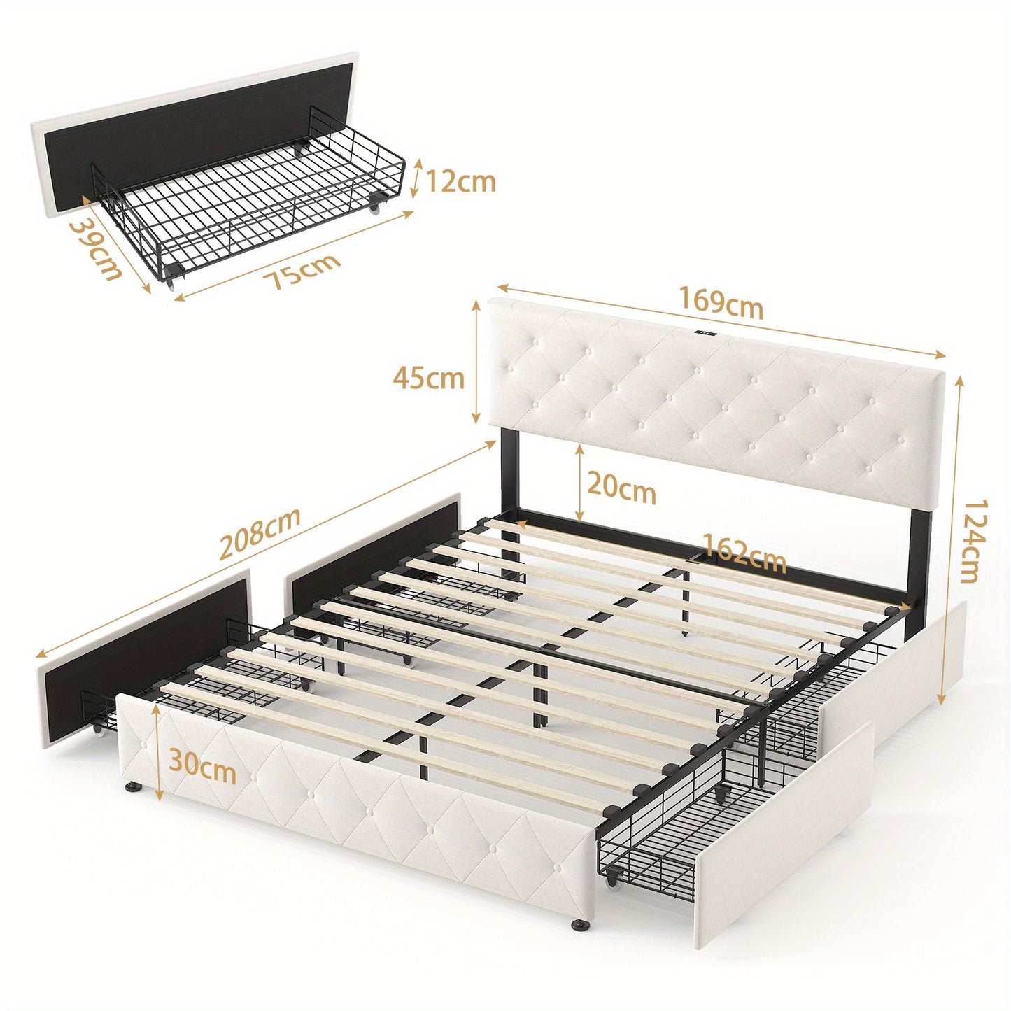Bedframe – Bed – Tweepersoonsbed – Platformbed – Opbergbed – Met 4 Opbergladen – Gestoffeerd Hoofdbord – 160x200 cm – Beige Fluweel