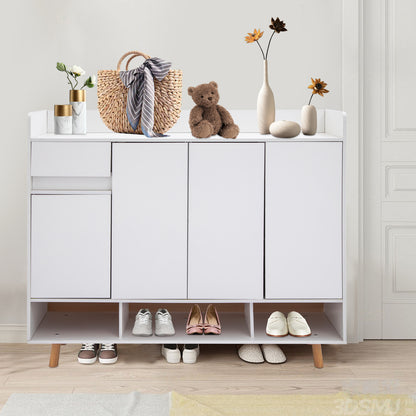 Schoenenkast – Schoenenrek – Schoenenopberger – Schoenenbank – Voordeurkast – Vrijstaand – Ventilatiegaten – Met Lade en 4 Deuren – MDF – Verhoogde Beschermrail – Warm Wit