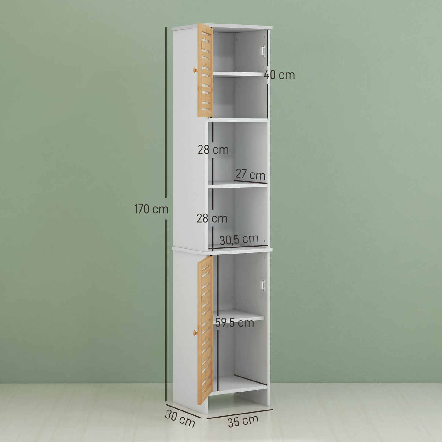 Badkamerkast – Kolomkast – Opbergkast – Toiletkast – Badmeubel – Wit tweekleurig design – Compact 35x30x170 cm – MDF en massief hout