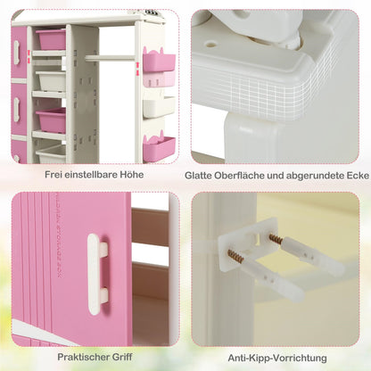 Kinderkast Huisstijl – Boekenkast Kind – Speelgoedkast – Opbergkast Kids – Kledingrek Kinderkamer – Roze – Veilig HDPE Materiaal – 4 Opbergboxen & Zijkorfjes