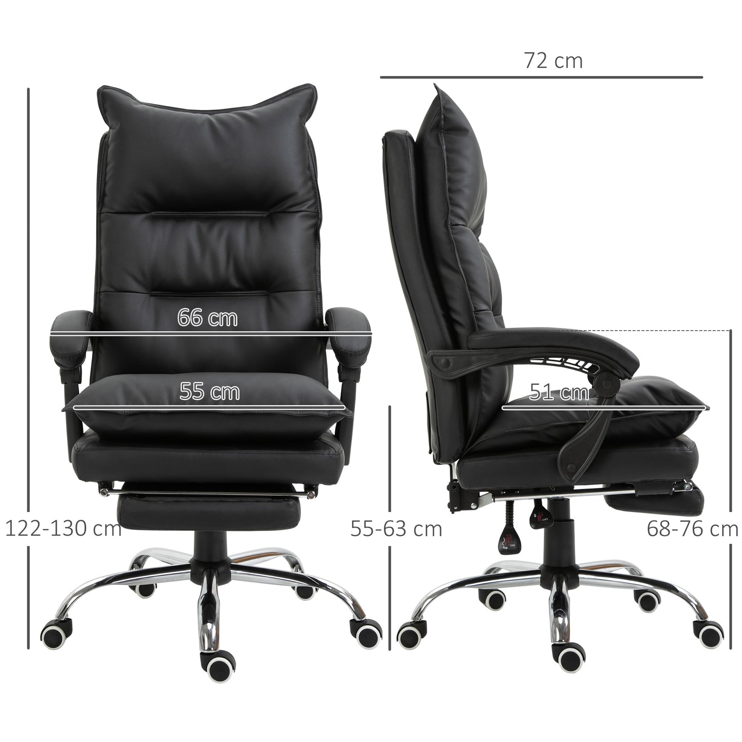 Bureaustoel – Kantoorstoel – Draaistoel – Gamestoel – Ergonomische Stoel – Verstelbare Zithoogte – Kunstleren Bekleding – Met Voetensteun – Zwart – 66 x 72 x 122-130 cm