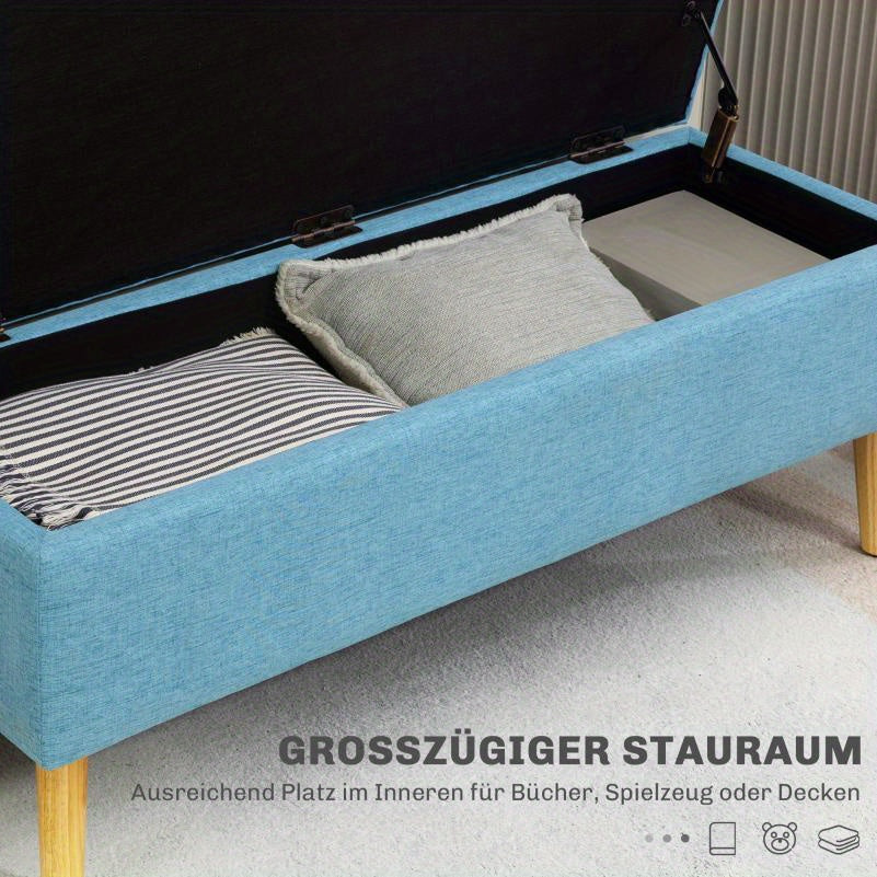 Opbergbank – Opbergbox – Zitbank – Opbergkist – Bankje – Blauw Gestoffeerde Opbergbank – Linnenlook Polyester – Stevige Rubberwood Poten – 110x39x45 cm – Verborgen Opbergruimte