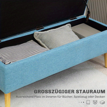 Opbergbank – Opbergbox – Zitbank – Opbergkist – Bankje – Blauw Gestoffeerde Opbergbank – Linnenlook Polyester – Stevige Rubberwood Poten – 110x39x45 cm – Verborgen Opbergruimte