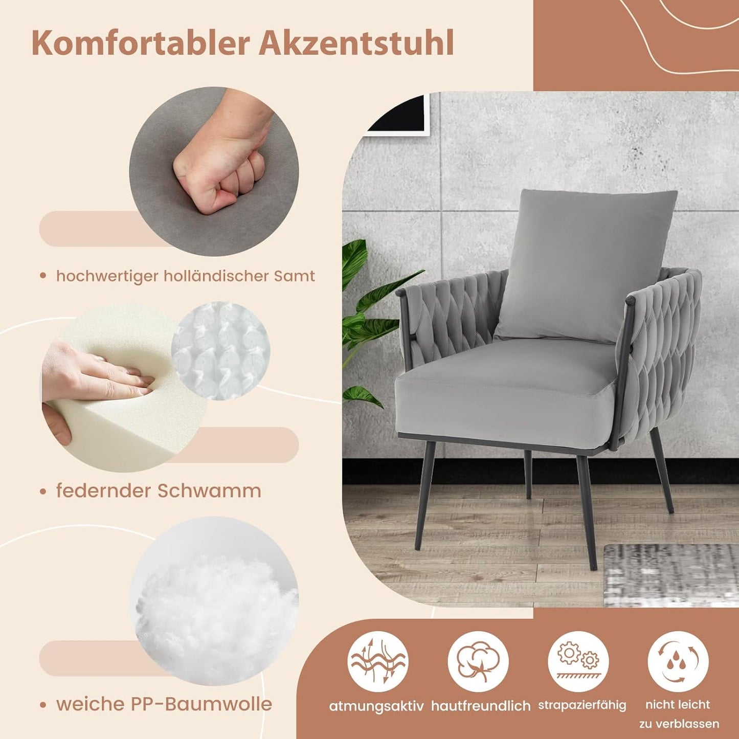 Fauteuil – Relaxstoel – Leesstoel – Loungefauteuil – Tv-stoel – Grijs Velours – Met Hocker – Ergonomische Halfronde Rugleuning