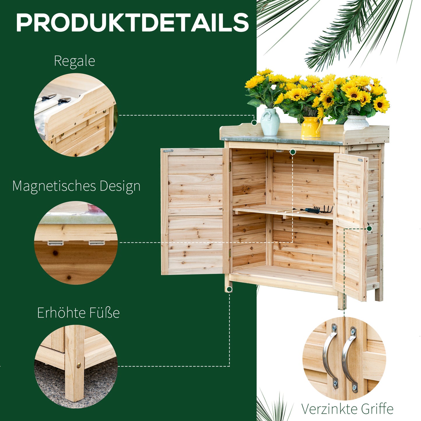 Tuinkast – Tuinmeubel – Gereedschapskast – Opbergkast – Natuurlijke Variant – Massief Vurenhout – Gegalvaniseerd Stalen Werkblad – 83x40x92 cm