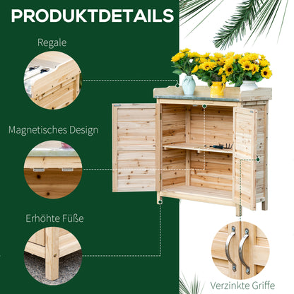 Tuinkast – Tuinmeubel – Gereedschapskast – Opbergkast – Natuurlijke Variant – Massief Vurenhout – Gegalvaniseerd Stalen Werkblad – 83x40x92 cm