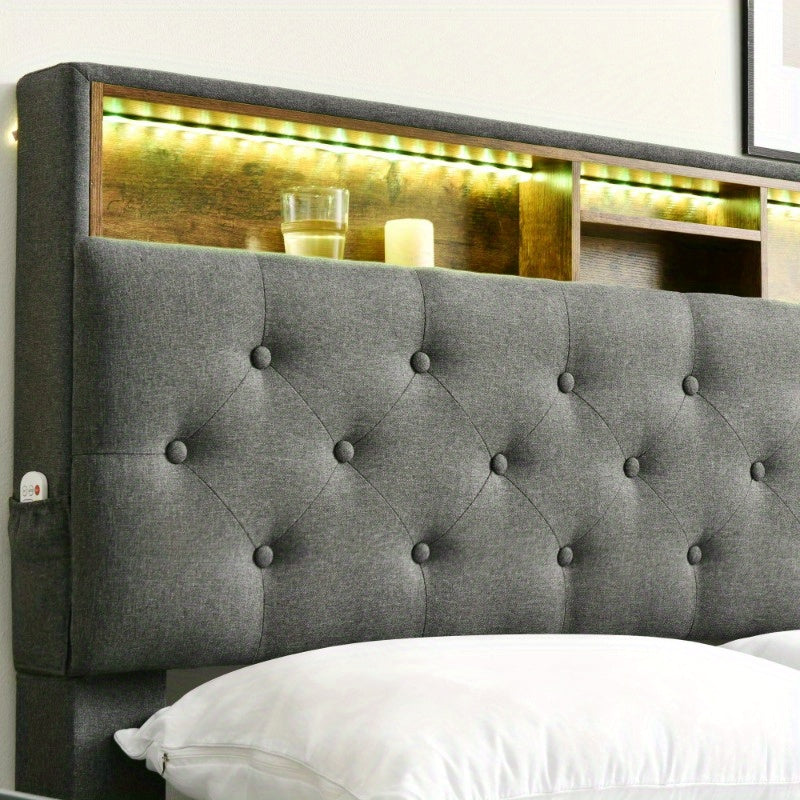 Bed Met Opbergruimte – Tweepersoonsbed – Slaapbed – Ledikant – Boxspring – Matras Inclusief – Gestoffeerd Grijs – Houten Lattenbodem – 140x200 cm