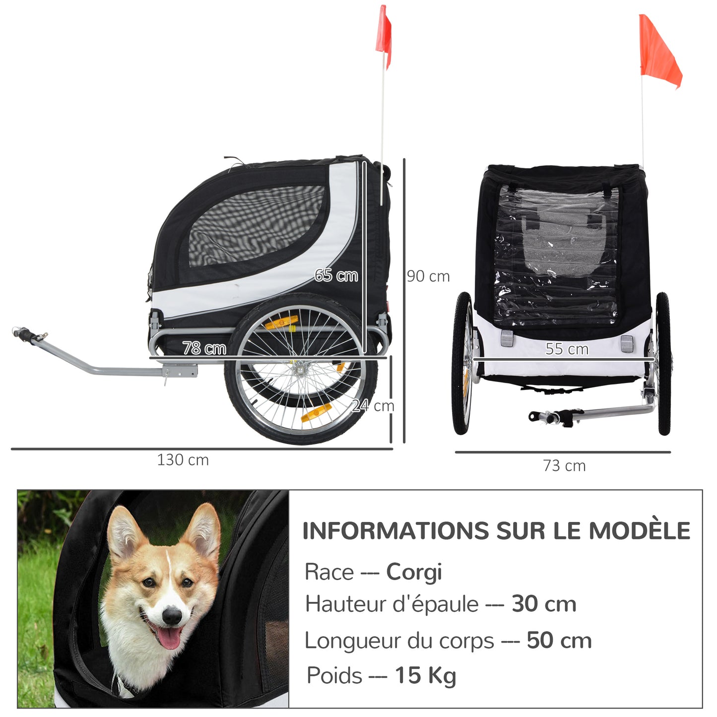 Fietskar voor Honden – Hondentrailer – Hondenwagen – Fietsaanhanger – Huisdierkar – Veiligheidssysteem met Reflectoren – Weerbestendige Beschermhoes – Wit