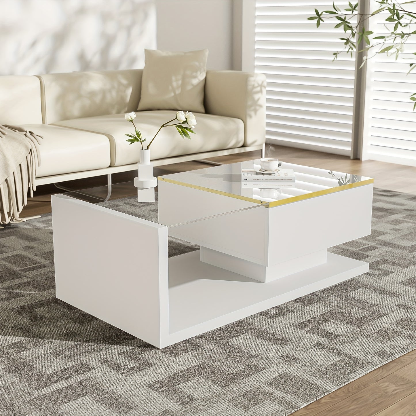 Contemporary 90cm Long High-Gloss White Coffee Table with Glass Top - Sturdy Metal Frame, Side Table & Coffee Table in One, No Assembly Required, Perfect for Living Room or Office, Coffee Table Decor, Versatile Furniture, Min