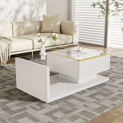 Contemporary 90cm Long High-Gloss White Coffee Table with Glass Top - Sturdy Metal Frame, Side Table & Coffee Table in One, No Assembly Required, Perfect for Living Room or Office, Coffee Table Decor, Versatile Furniture, Min