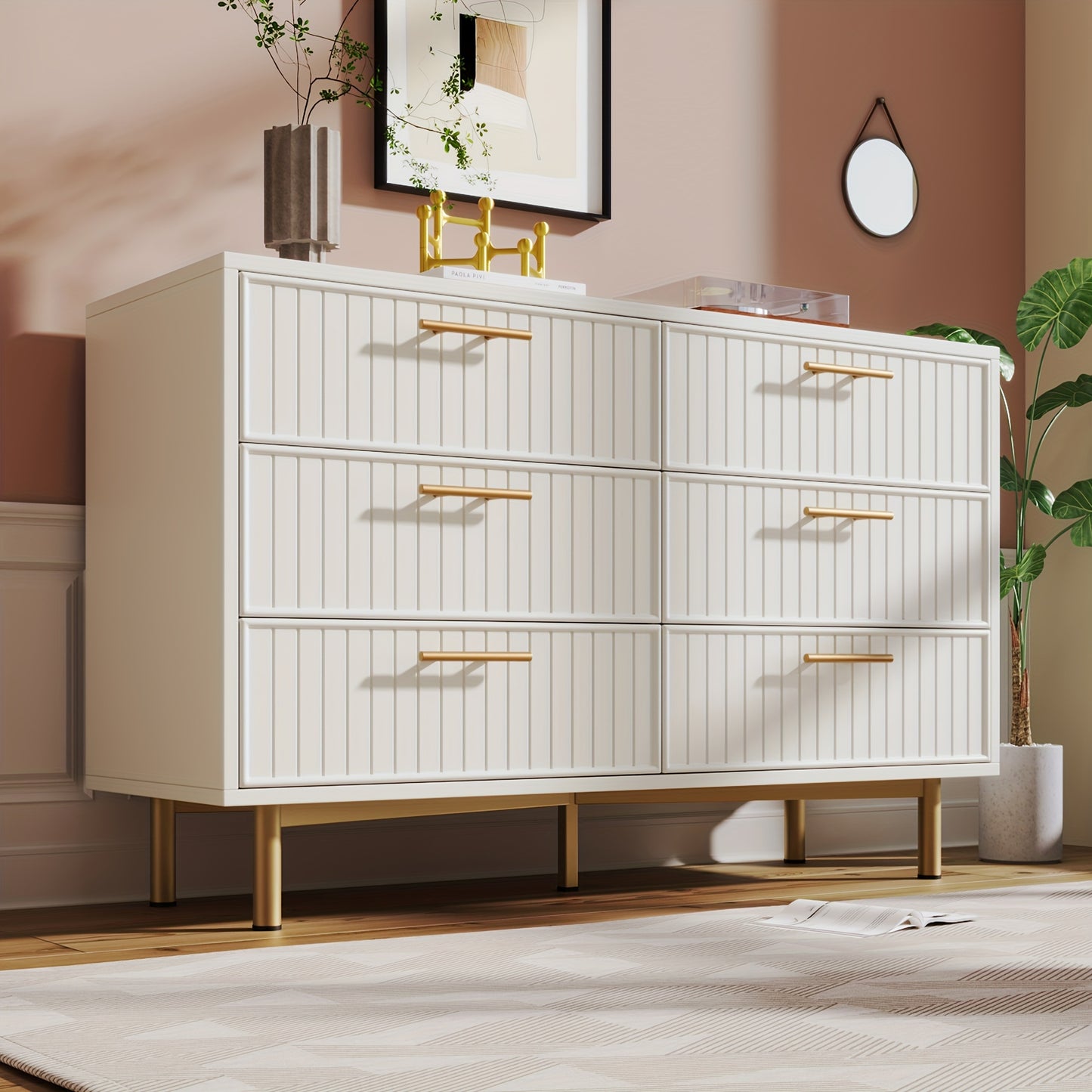 Ladekast – Ladenkast – Kommode – Dressoir – Opbergkast – Massief Houten Wit – 6 Lades Met Gouden Knoppen – Kant-en-Klaar Gemonteerd