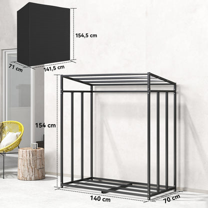 Houtopslag – Brandhoutrek – Haardhoutrek – Houtberging – Houtstapelrek – Stalen Frame – Waterdichte Oxford Stof – 300 kg Capaciteit – 140x70x154 cm – Zwart