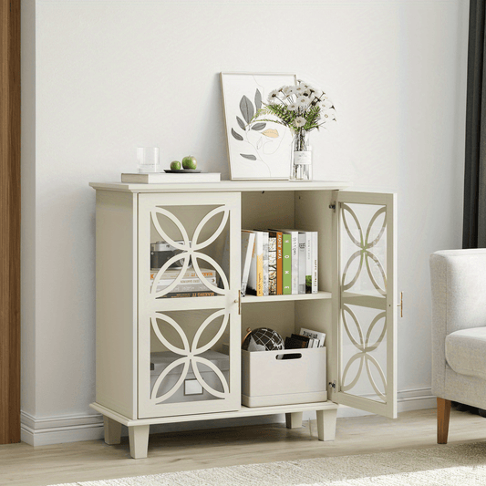 Modern Retro Dressoir – Bijzetkast – Opbergkast – Kast – Sideboard – Tempered Glas Deuren – Verstelbare Planken – Crème Wit – Stevige Constructie