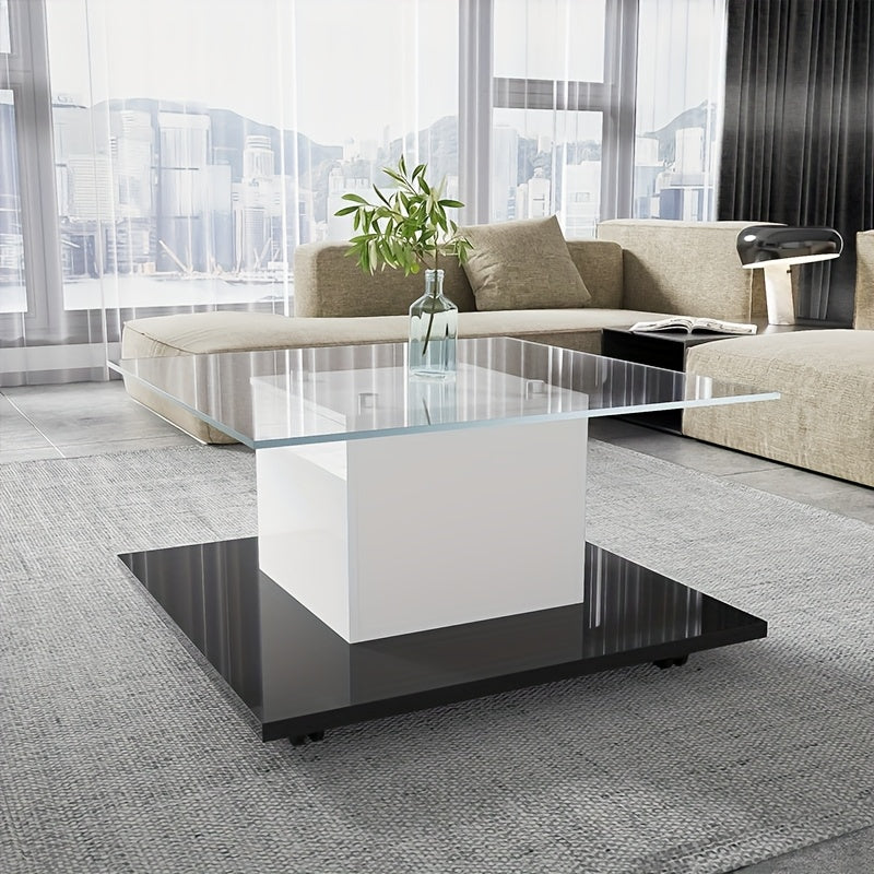 Koffietafel – Salontafel – Bijzettafel – Tafel – Glazen Tafel – Geharde Glazen Blad – Verrijdbaar Met Wieltjes – 80x80x40 cm Hoog