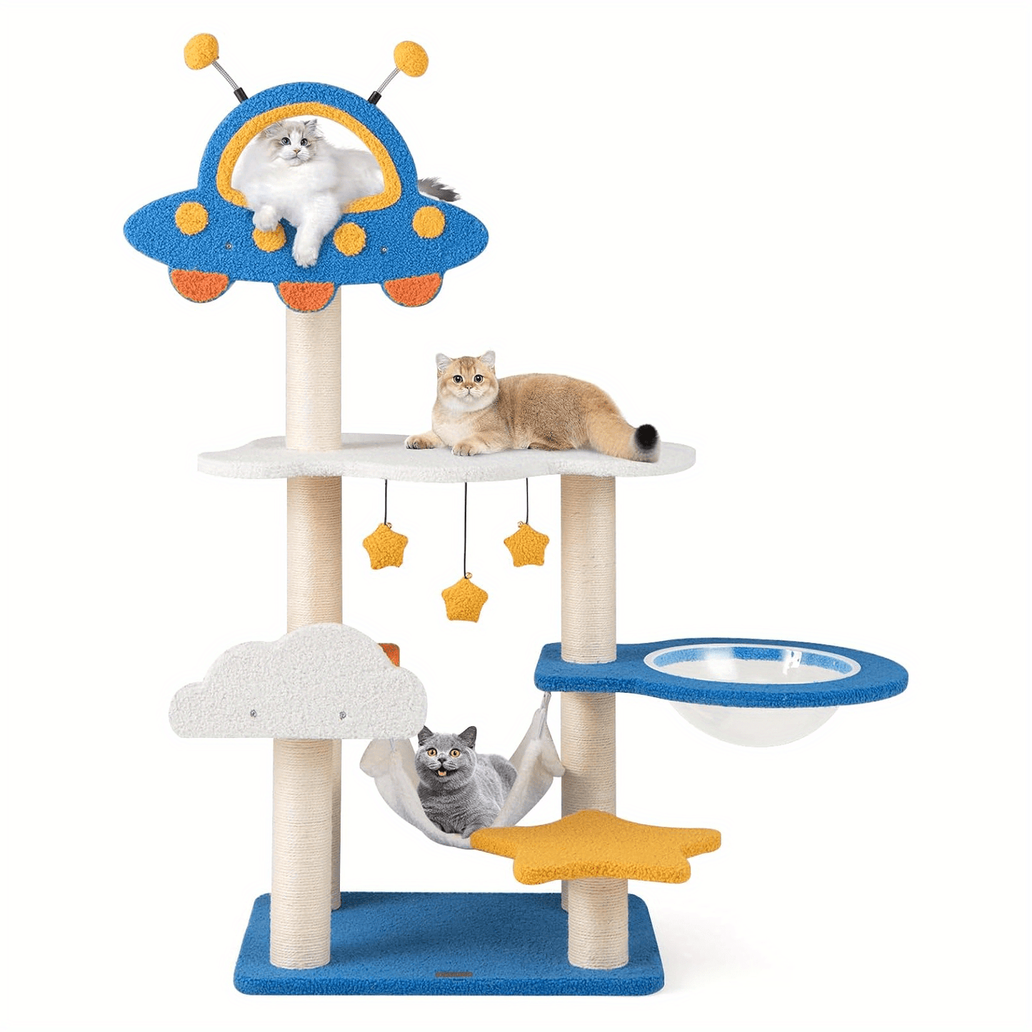 Krabpaal – Kattenboom – Krabmeubel – Kattenhuis – Krabton – 124 cm Hoog – Fiberboard & Sisal – Ruimtethema Met UFO-Platform, Hangmat en Capsule – Blauw