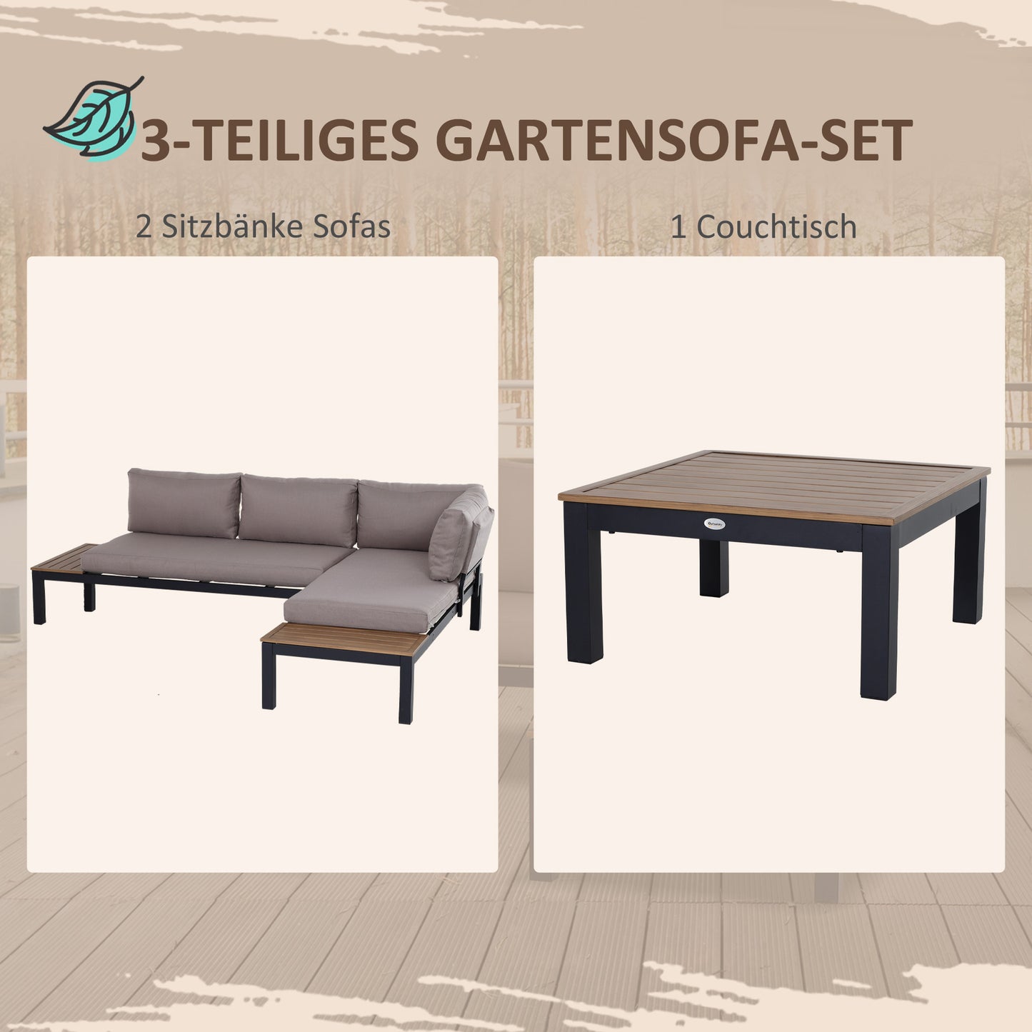 3-delige loungeset – tuinset – loungeset – balkonset – terrasset – aluminium frame – waterafstotende kussens – grijs/natuurkleur