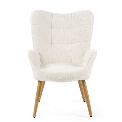 Loungestoel – Fauteuil – Leunstoel – Relaxstoel – Zithoekstoel – Scandinavisch Design – Fleece Bekleding – Houten Poten – Wit – 72x62x90,5 cm