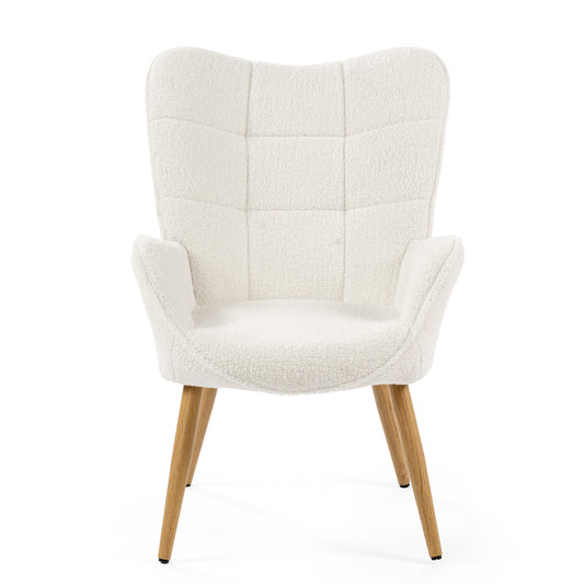 Loungestoel – Fauteuil – Leunstoel – Relaxstoel – Zithoekstoel – Scandinavisch Design – Fleece Bekleding – Houten Poten – Wit – 72x62x90,5 cm