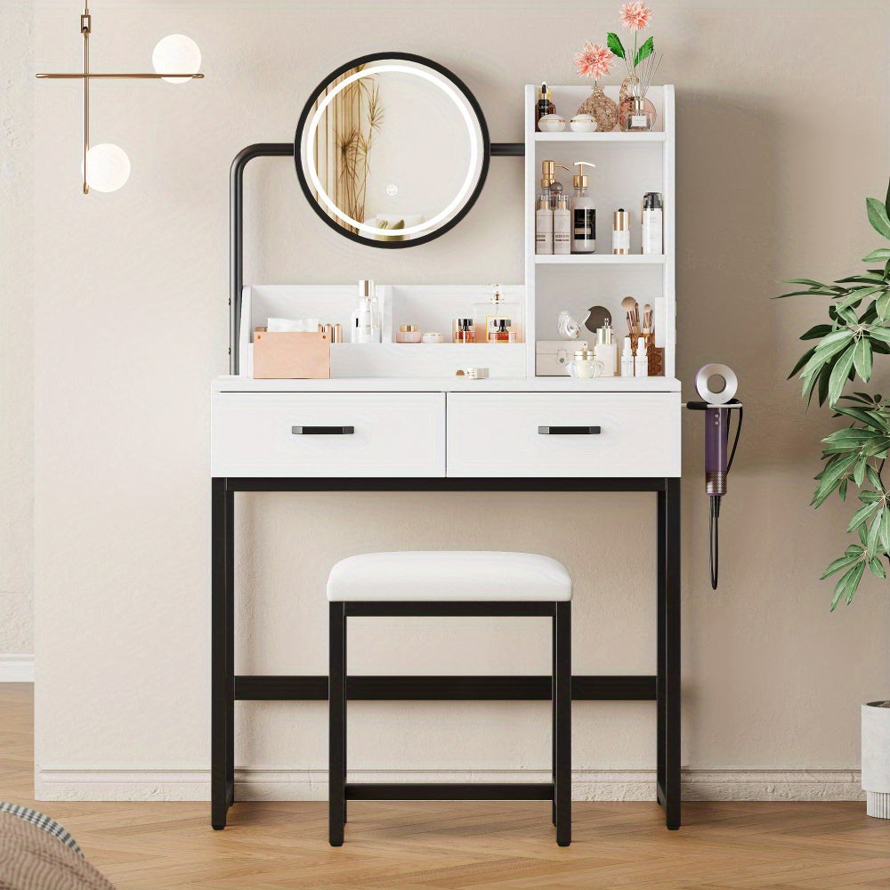 Kaptafel – Make-up Tafel – Vanity Desk – Cosmeticatafel – Draaibare Spiegel – Compact & Ruimtebesparend – Glas Tafelblad – 2 Lades & Open Planken – Wit
