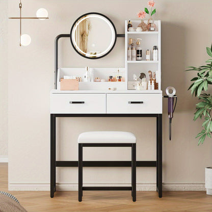 Kaptafel – Make-up Tafel – Vanity Desk – Cosmeticatafel – Draaibare Spiegel – Compact & Ruimtebesparend – Glas Tafelblad – 2 Lades & Open Planken – Wit