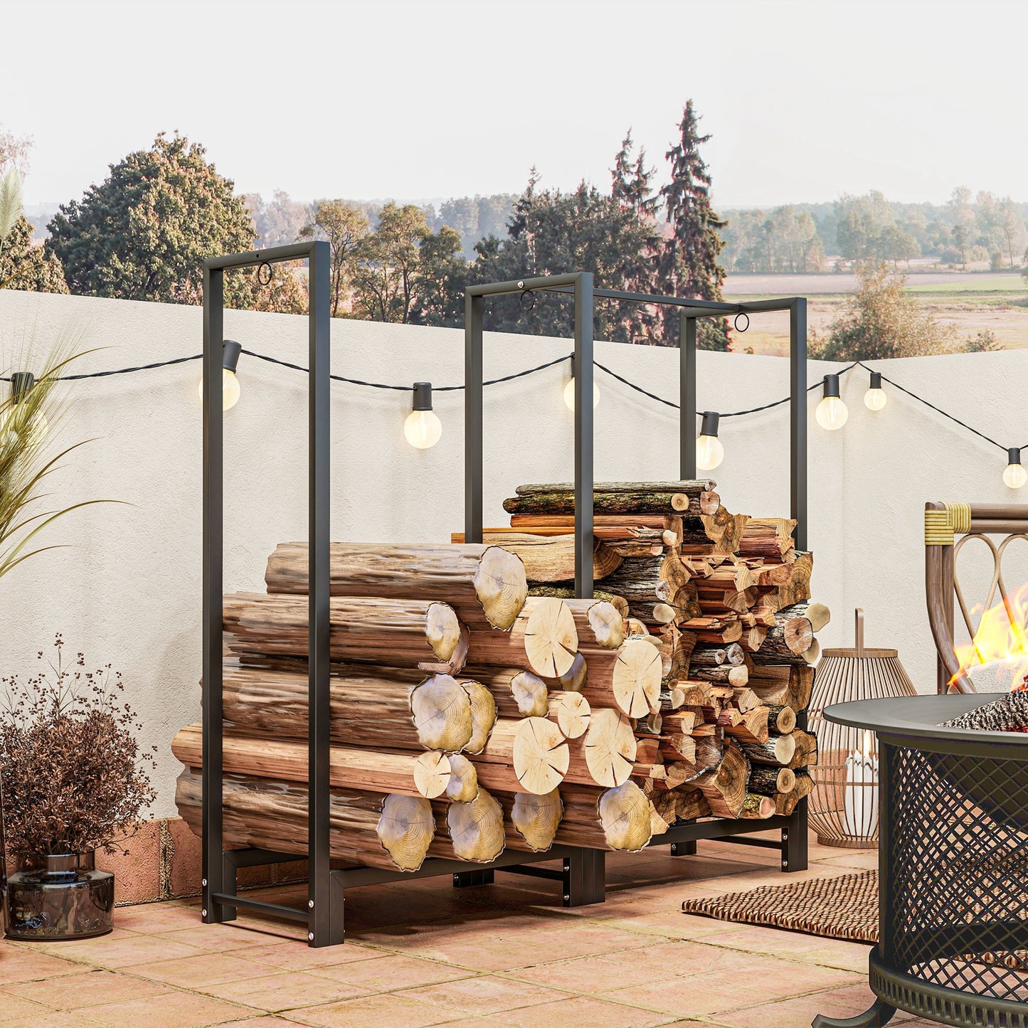 Brandhoutstandaard – Houtopslag – Houtrek – Haardhouthouder – Houtbok – Zwart – Roestvrij Stalen Frame – Draagvermogen 200 kg – 123x32x115 cm