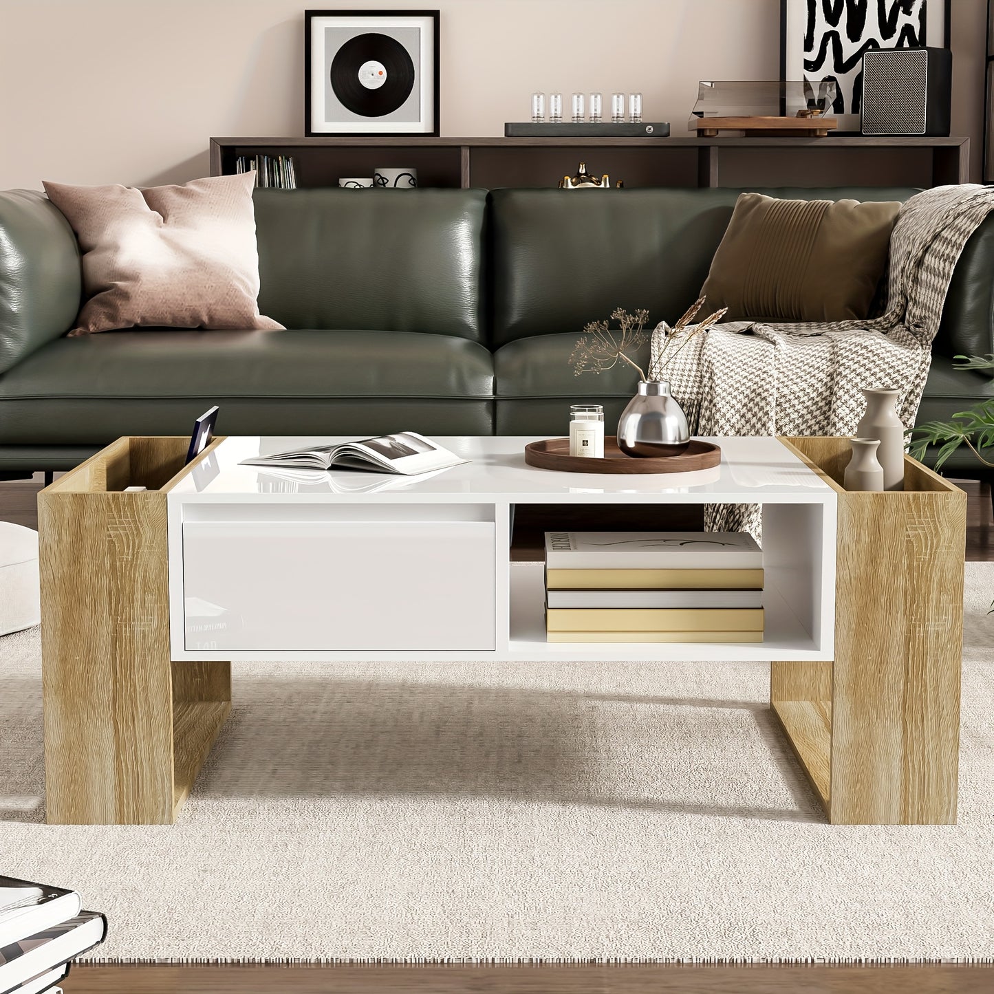 Salontafel – Koffietafel – Tafel – Woonkamertafel – Bijzettafel – Modern Wit + Khaki – 105 x 60 x 40 cm – Hoogglans Afwerking – Lade En Open Opbergruimte