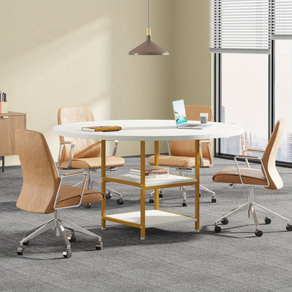 Eettafel – Ronde Tafel – Keukentafel – Eetkamertafel – Tafel – 4 Personen – 2 Opbergplanken – Gouden Metalen Poot – Wit MDF – Hittebestendig Blad – Verstelbare Voetjes