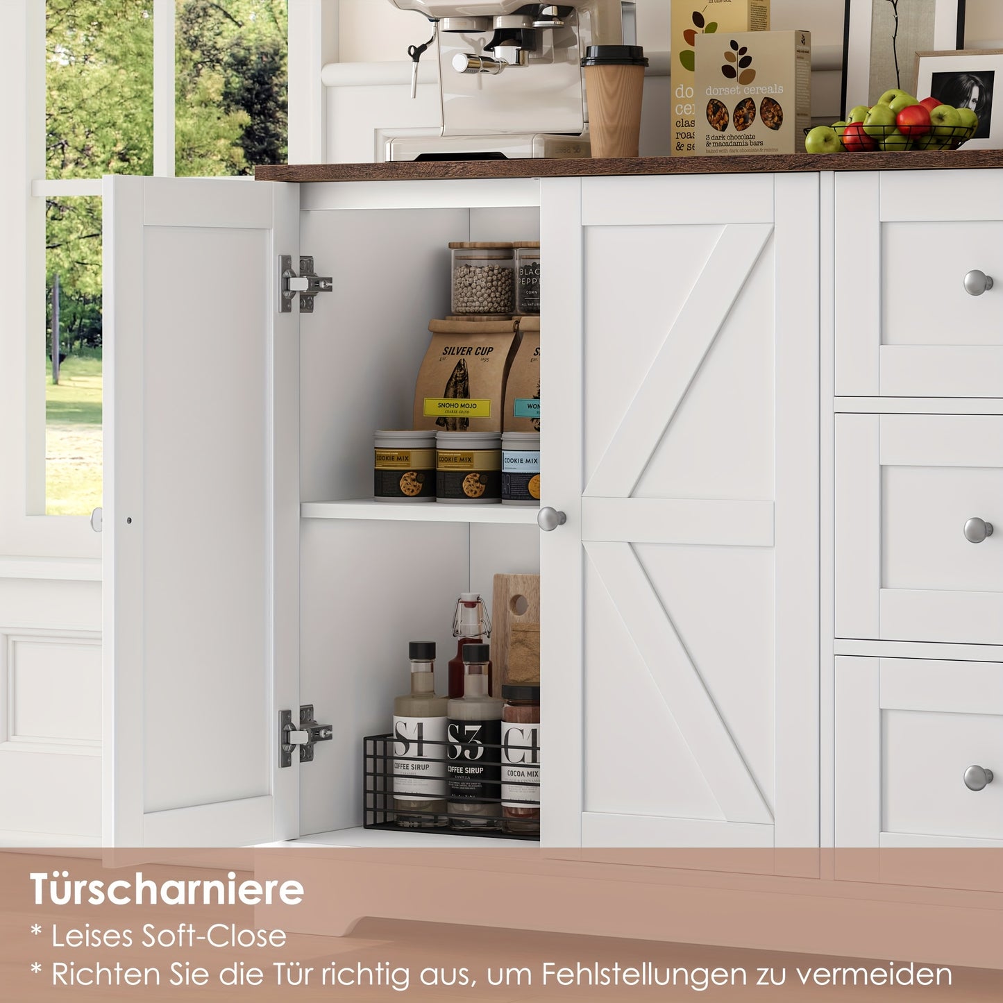 Kealive Modern White & Brown Storage Cabinet with Countertop - Freestanding Kitchen Buffet Sideboard with 3 Drawers & Doors, Heavy-Duty Particleboard Construction, 68.58cm+ Height, 3.2 Cu Ft Capacity, Easy Assembly for Kitche