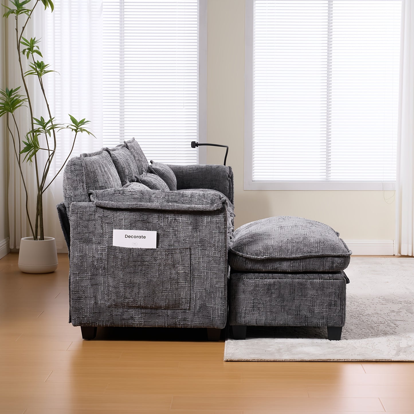 Tweezitsbank – 2-Zitsbank – Loveseat – Bankstel – Moderne Grijze Sofa – Zijvakken Voor Opbergruimte – Afneembare Ottoman – Duurzaam Bambushout