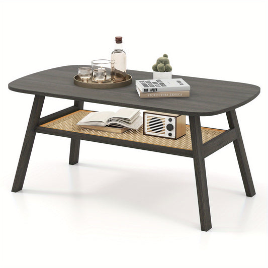 Salontafel – Koffietafel – Bijzettafel – Woonkamertafel – Tafel – Rattan Opbergruimte – Rubberen Houten Poten