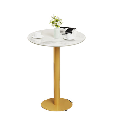 Ronde Bartafel – Hoge Tafel – Statafel – Bar Tafel – Café Tafel – Wit Gesinterd Steen – Gouden Metalen Onderstel – 76 cm Diameter – 100 cm Hoogte