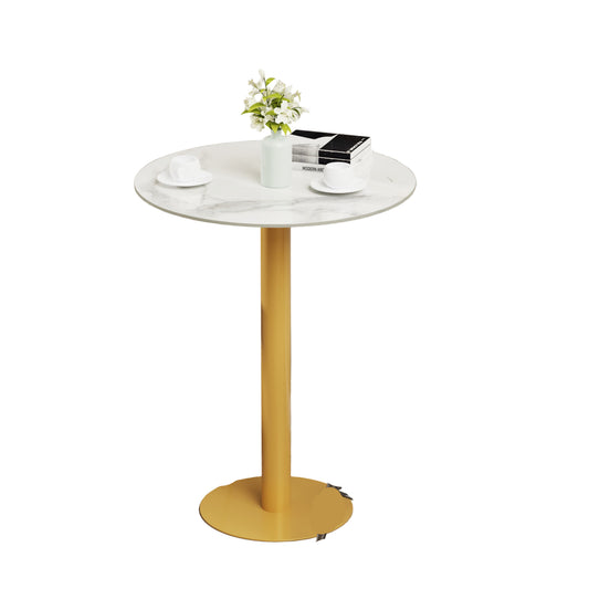 Ronde Bartafel – Hoge Tafel – Statafel – Bar Tafel – Café Tafel – Wit Gesinterd Steen – Gouden Metalen Onderstel – 76 cm Diameter – 100 cm Hoogte