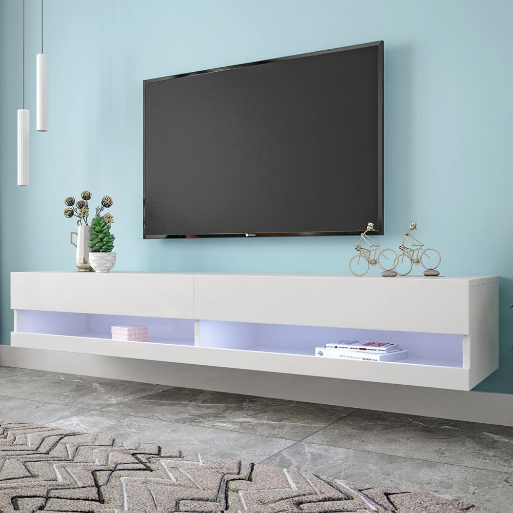 Modern White Low-Profile TV Stand Compatible for TVs - Wall-Mountable Media Console with Ample Storage, Metal Frame, Assembly, Space-Saving (140x40x30.5cm) for Living Room, Apartments & Small Homes -