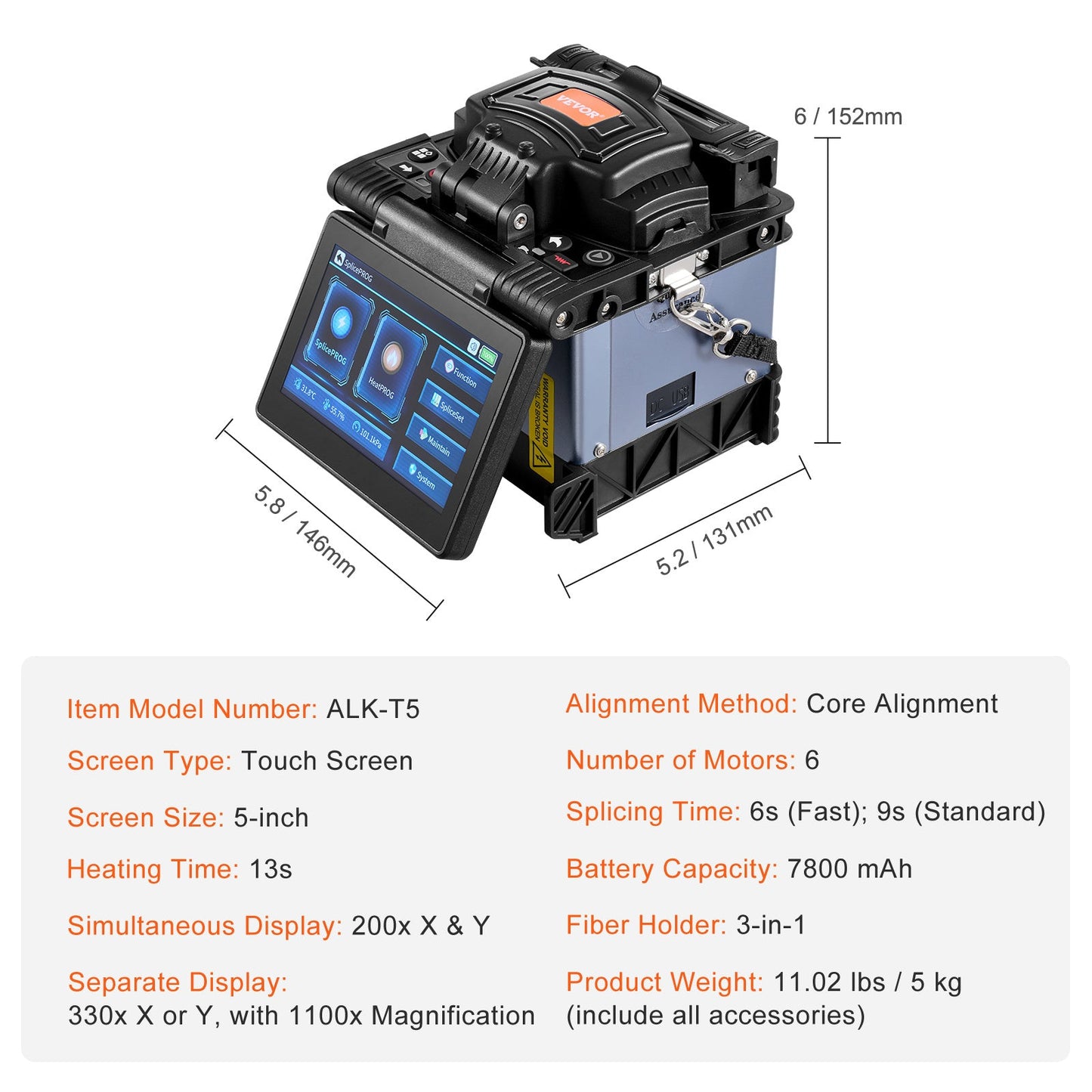 Glasvezel Fusion Splicer – Glasvezellasser – Fiber Optic Splicer – Vezel Lasapparaat – Vezellasser Professioneel – 6 Motoren Kernuitlijning – 5 Inch Touchscreen