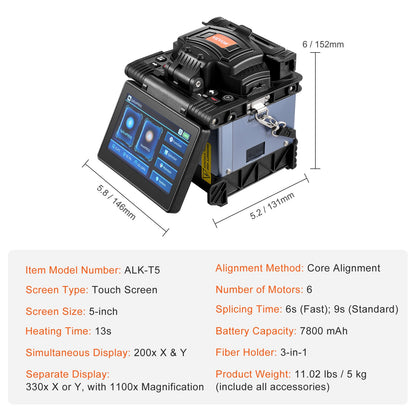 Glasvezel Fusion Splicer – Glasvezellasser – Fiber Optic Splicer – Vezel Lasapparaat – Vezellasser Professioneel – 6 Motoren Kernuitlijning – 5 Inch Touchscreen
