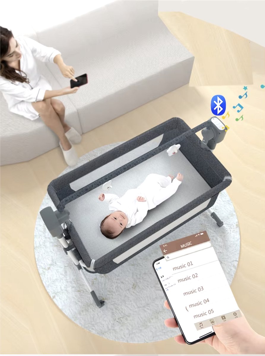 Electric baby bed - Cradle - Baby bed - Crib - Bluetooth - Movable - Portable - Mosquito net - Brown/Khaki